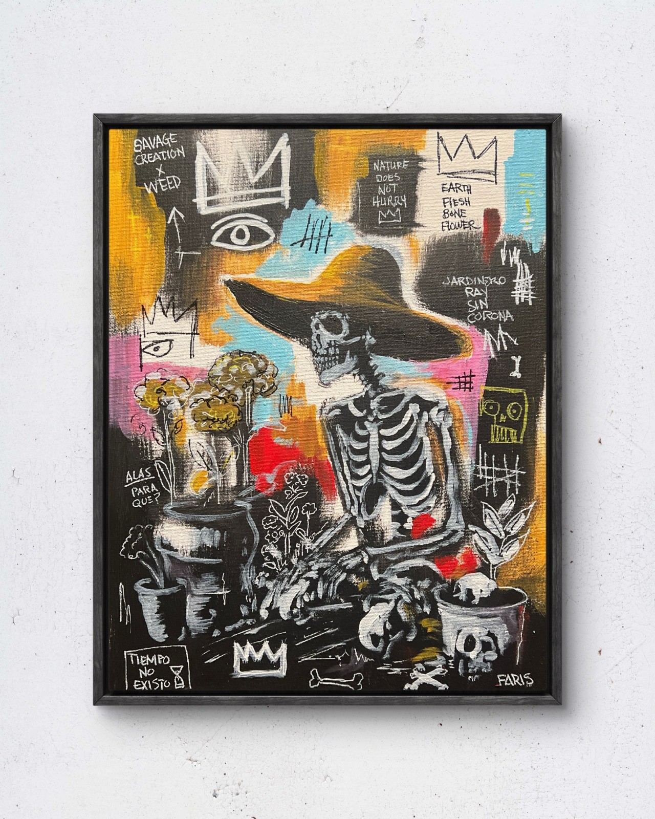 FRAMED: Faris Original 11x14 Expressionist Skeleton Sombrero Garden Signed Wall