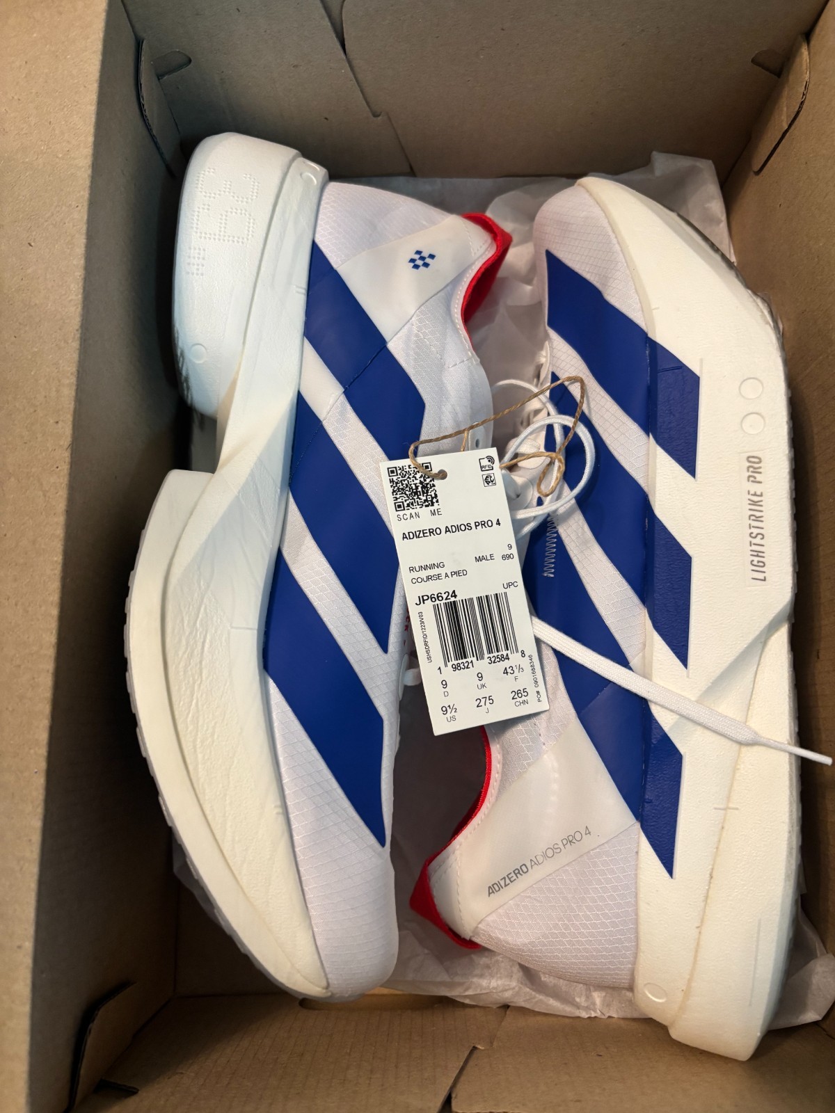 Size 9.5 - adidas Adizero Adios Pro 4 Cloud White Royal Blue Pure Ruby - 3 miles Size 9.5 - adidas Adizero Adios Pro 4 Cloud White Royal Blue Pure Ruby - 3 miles