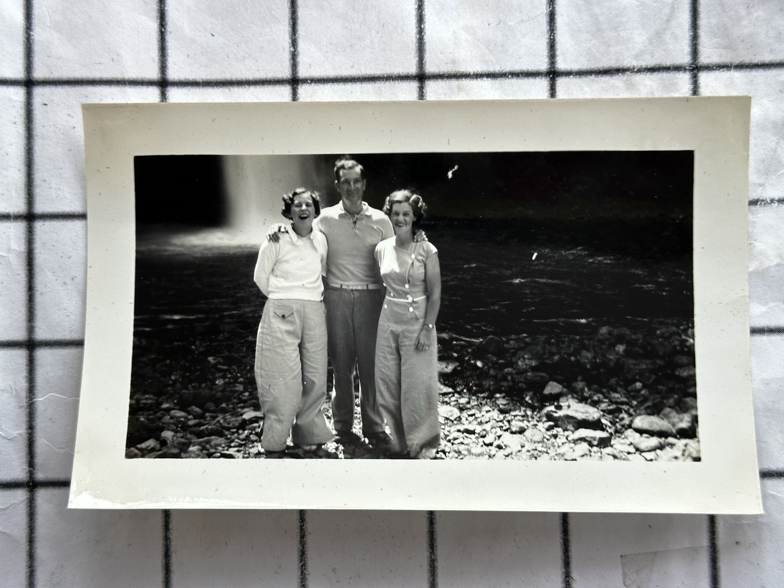 Vintage Snapshot Photograph – Three Adults Posed at Waterfall, c. 1930s–1940s