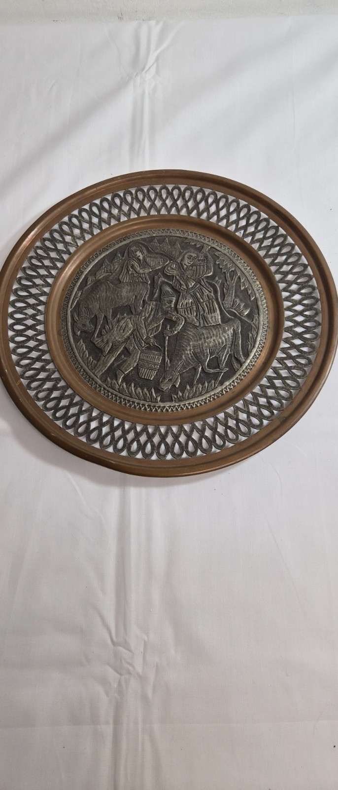 Vintage Persian Qajar-style tinned copper 11.25 in decorative wall plate