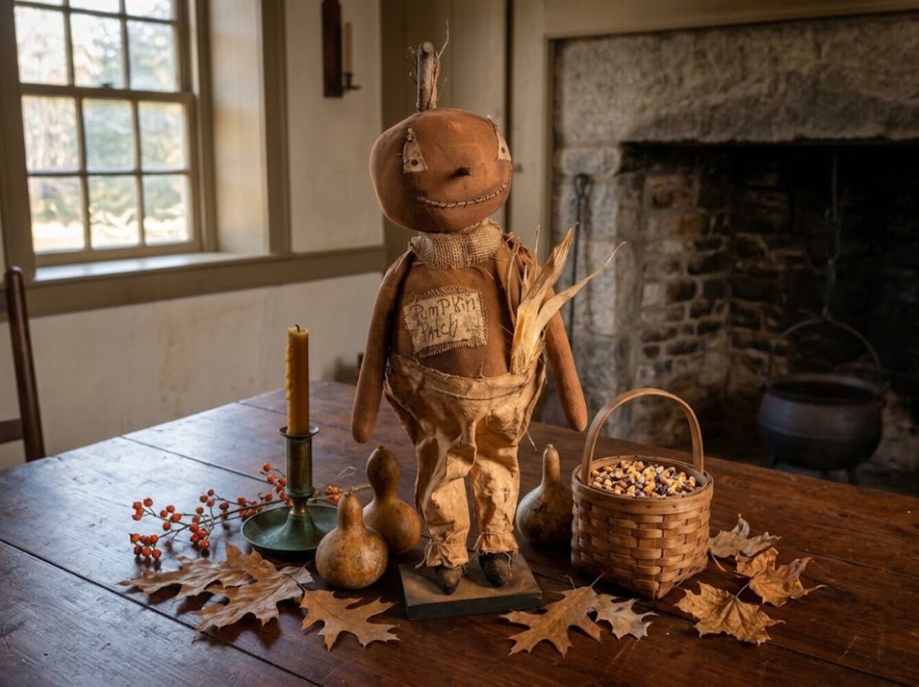 Primitive Handcrafted Halloween Buster Pumpkin Man Doll on Stand 25\