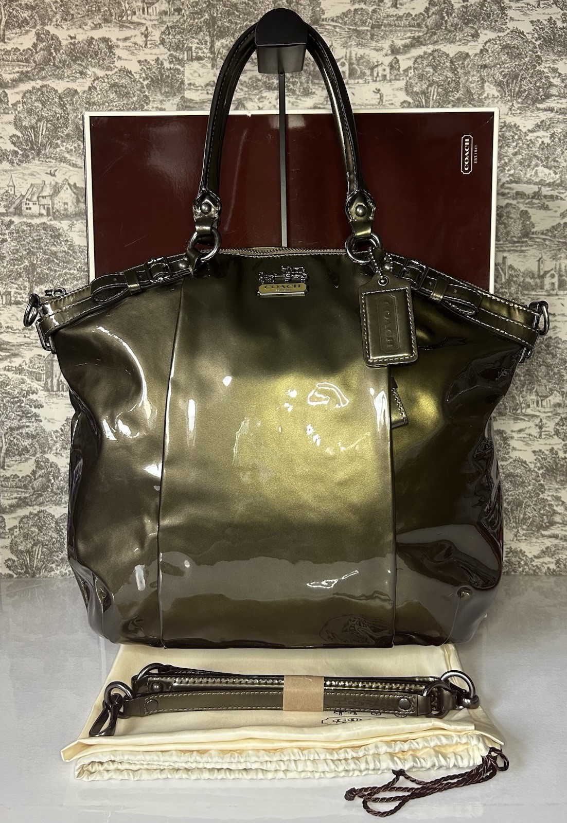  Vintage Coach Madison Patent Leather Lindsey Satchel Khaki Olive 18627