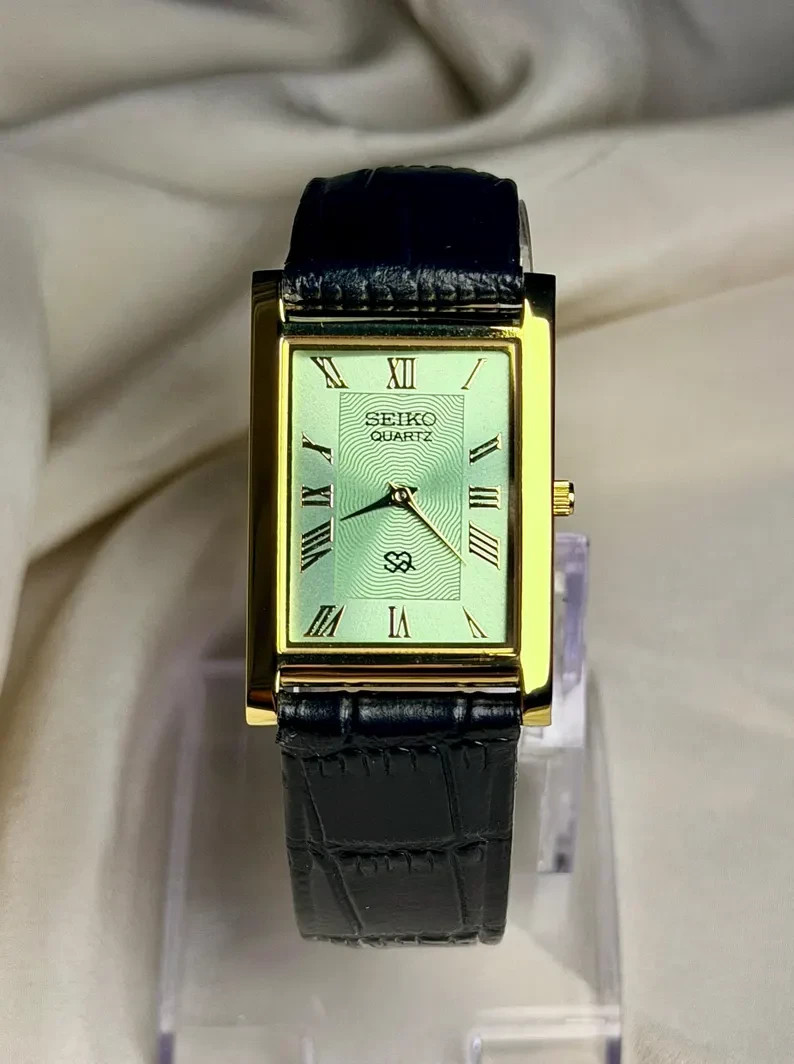 Vintage Seiko Quartz Tank Watch | Gold Rectangular Case, Mint Green Dial, Japan 