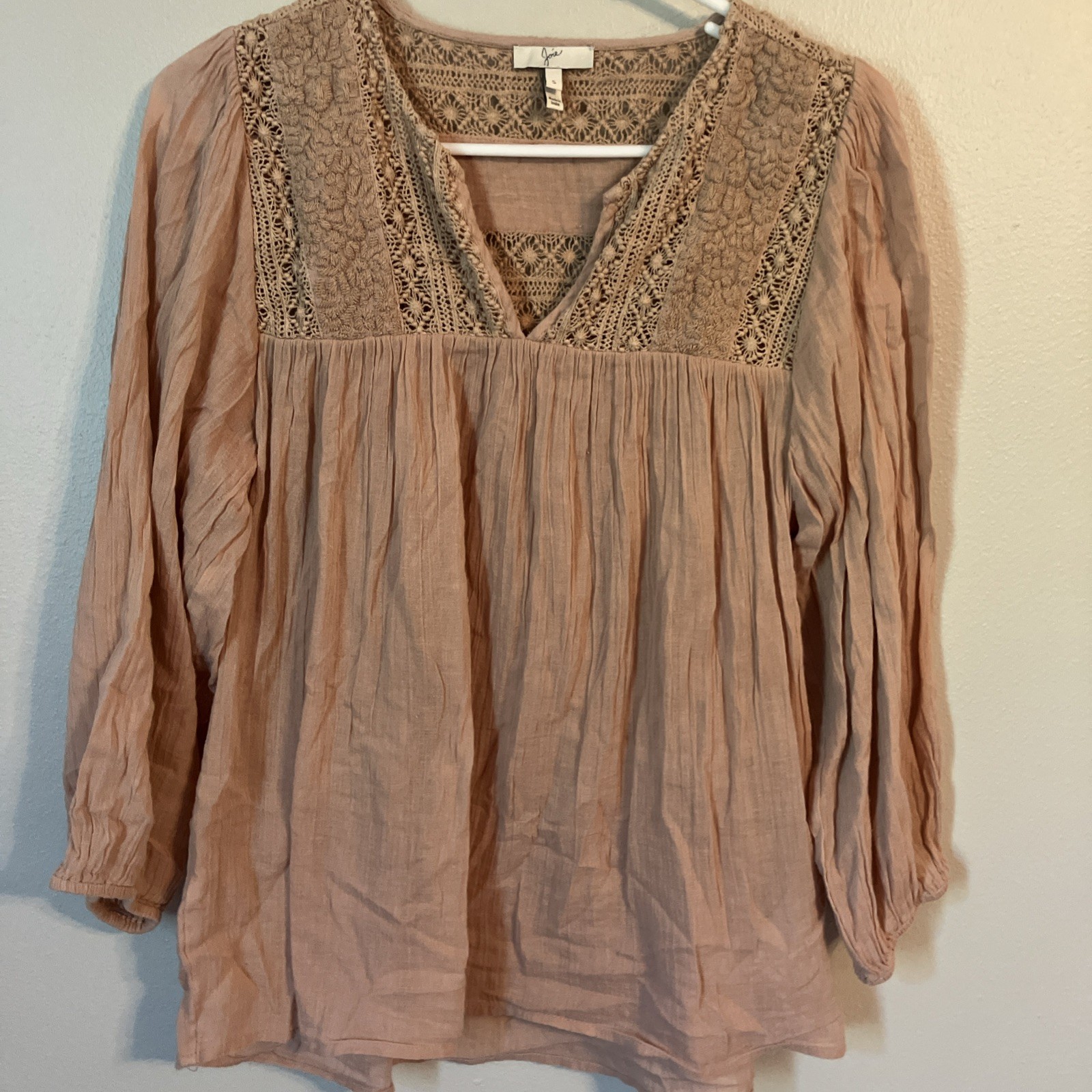 Joie Brown Floral Crochet Blouse Size S 3/4 Sleeve Cotton Boho Peasant V-Neck Joie Brown Floral Crochet Blouse Size S 3/4 Sleeve Cotton Boho Peasant V-Neck