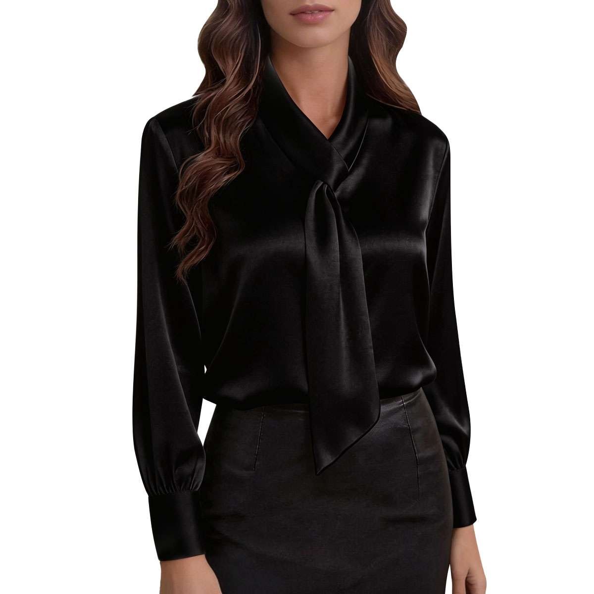 Elegant Satin Tie Neck Blouse Women Long Sleeve Office Work Silky Casual Shirt