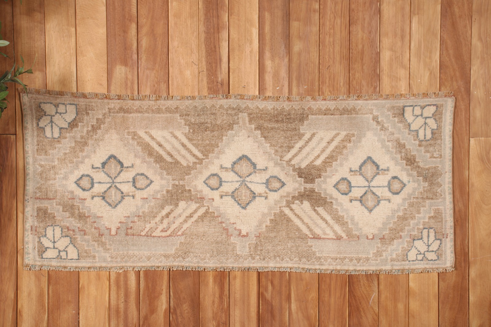 Geometric Handmade Mini Rug, Kurdish Kars Carpet, 4.2 x 1.7 ft, Brown and Beige