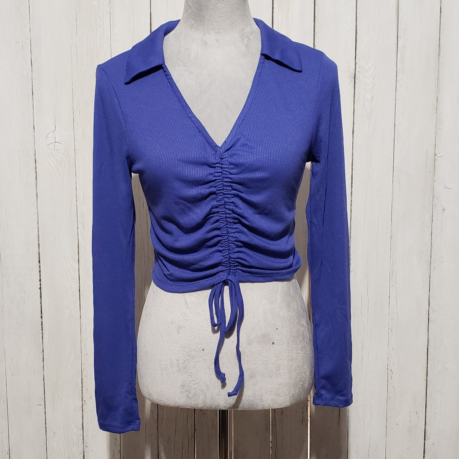 NEW Francesca\'s M Love & Piece Top Purple Blue Ruched Tie Crop Boho Y2K Retro
