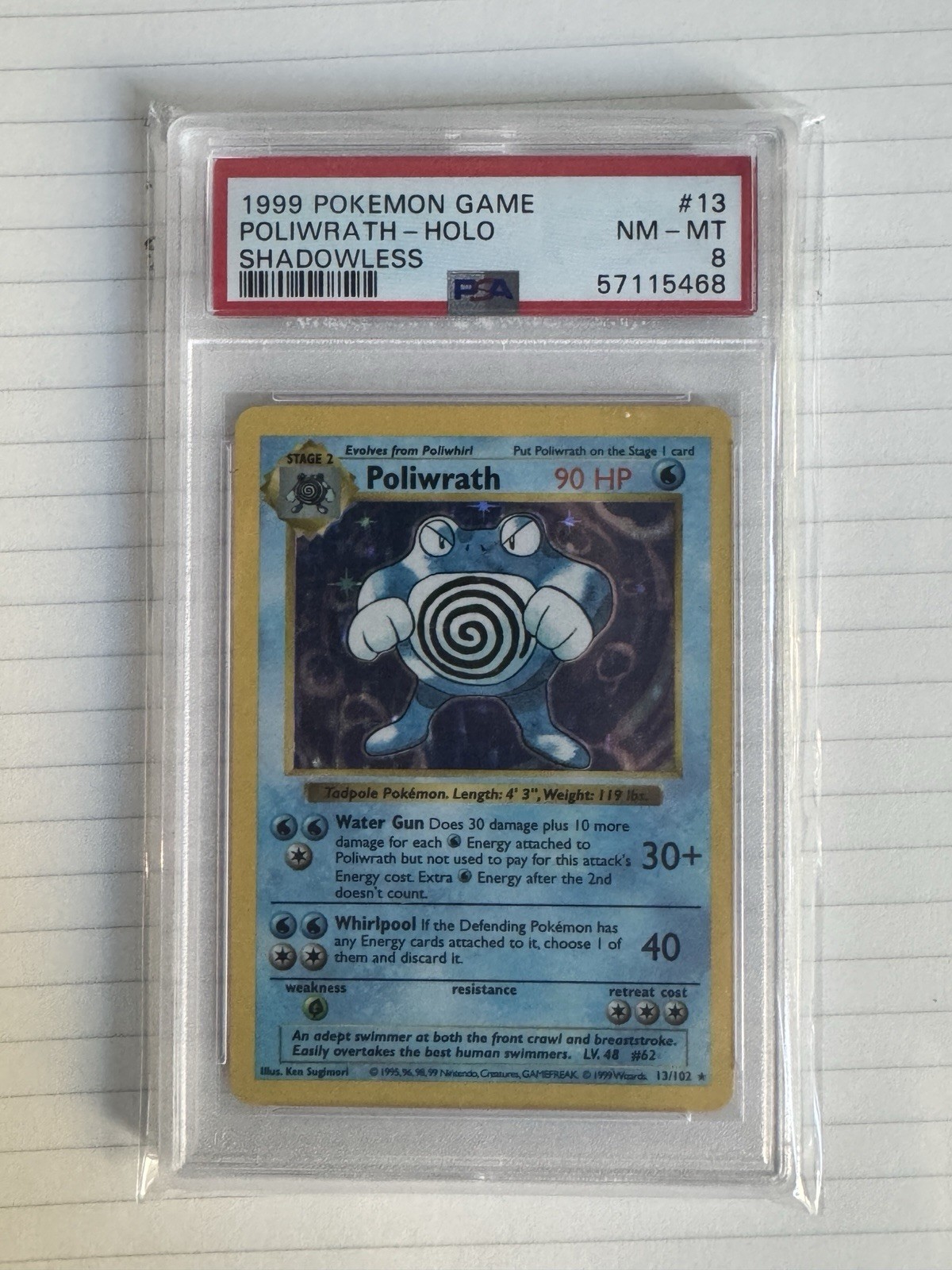 1999 Pokemon Poliwrath Base Set Shadowless Holo 13/102 PSA 8 Graded