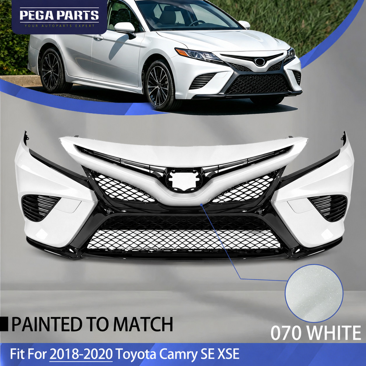 For 2018-20 Toyota Camry SE XSE Complete Front Bumper Assembly 070 White Painted