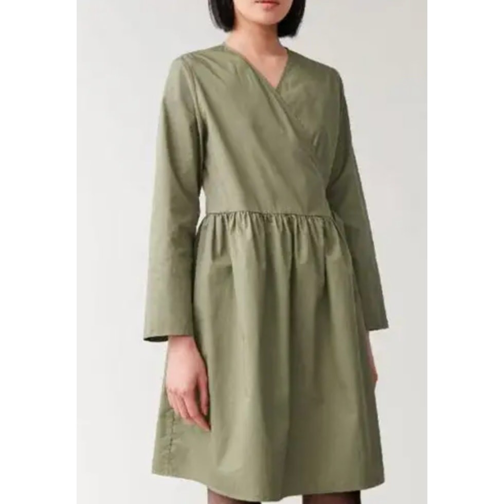 COS Gathered Cotton Poplin Wrap Dress Olive Green Sz 2 {2C31}