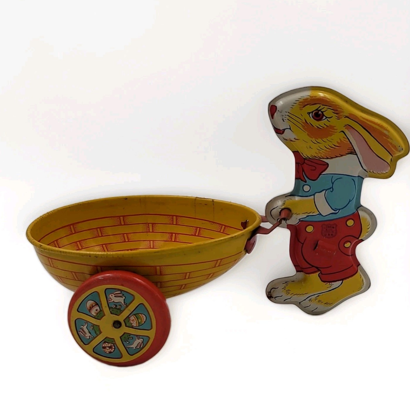 Vintage J. Chein & Co. Tin Litho Easter Bunny Rabbit Pulling Wheelbarrow Cart -