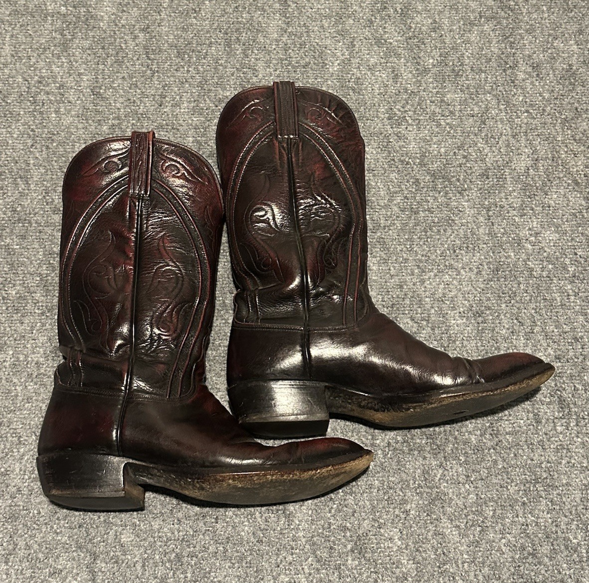 VTG Lucchese Mens 9D Black Cherry Boots French Toe Goat Skin Leather 80s