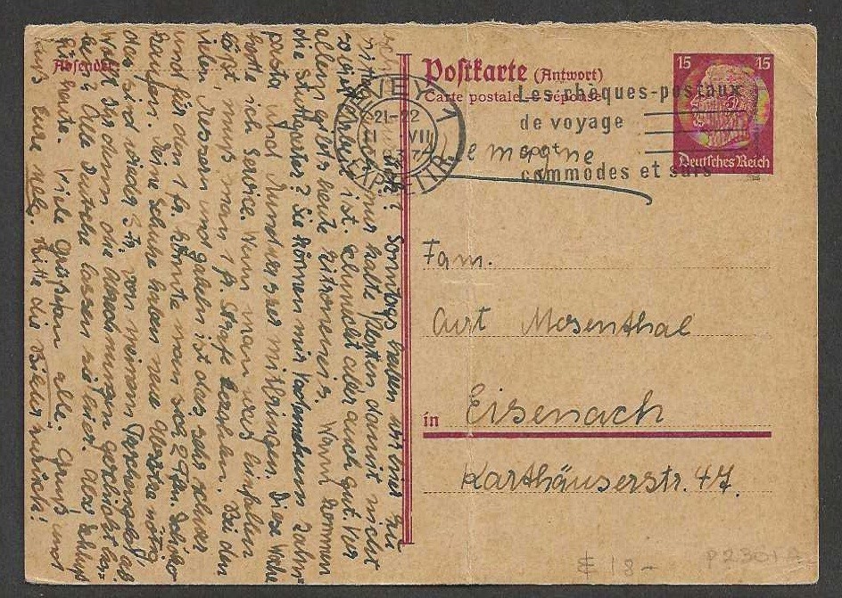 Germany Hindenburg reply postcard to Eisenach used