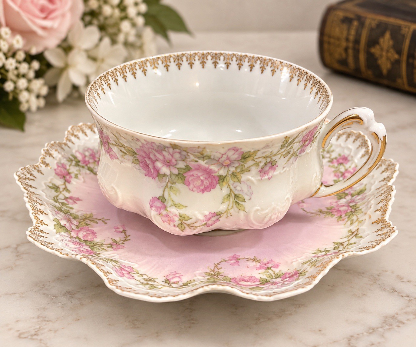 Antique MZ Austria Pink Rose Tea Cup Saucer Scalloped Gold Porcelain c1900 Antique MZ Austria Pink Rose Tea Cup Saucer Scalloped Gold Porcelain c1900