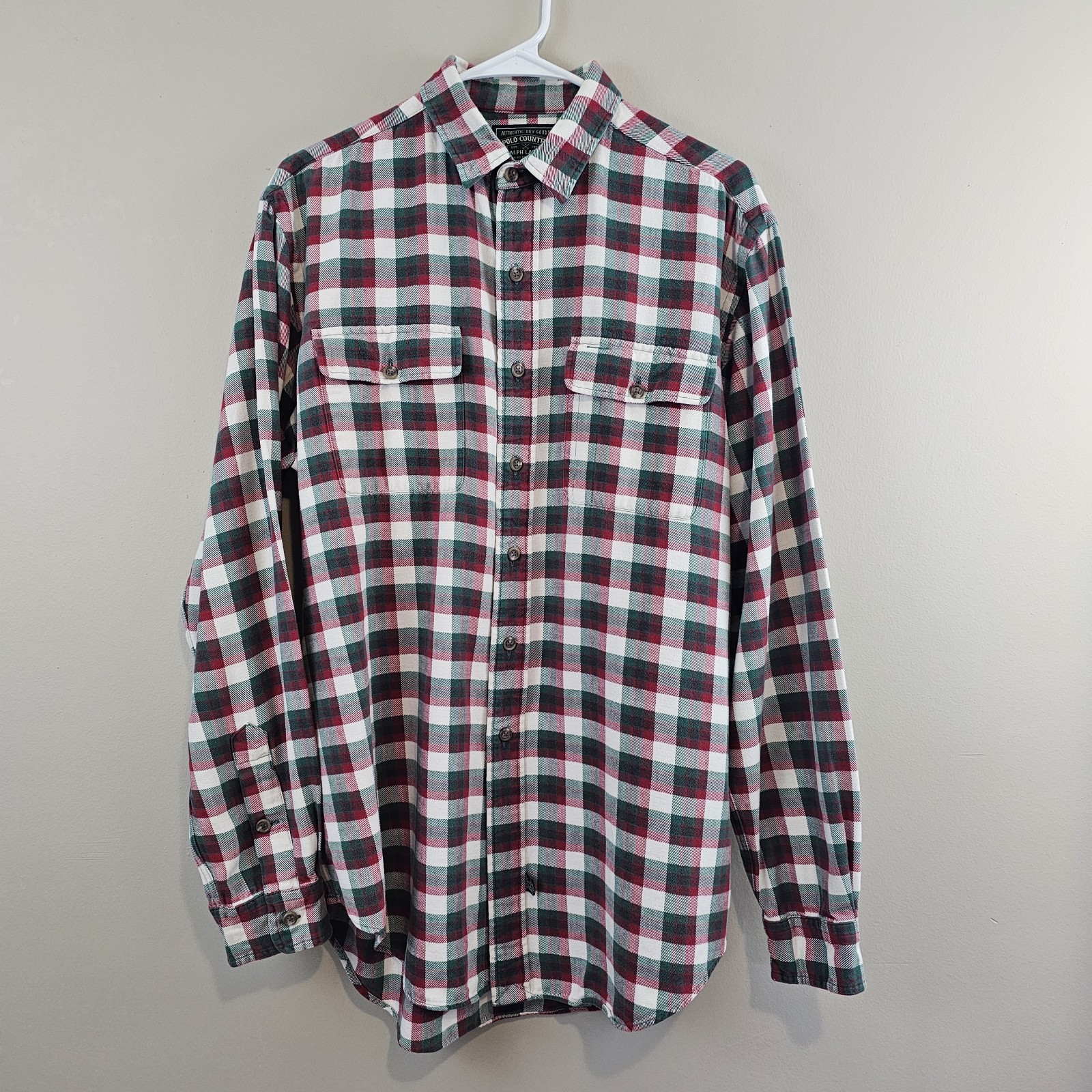 Polo Country Ralph Lauren Vintage Plaid Flannel Shirt Green Red Beige Mens Large