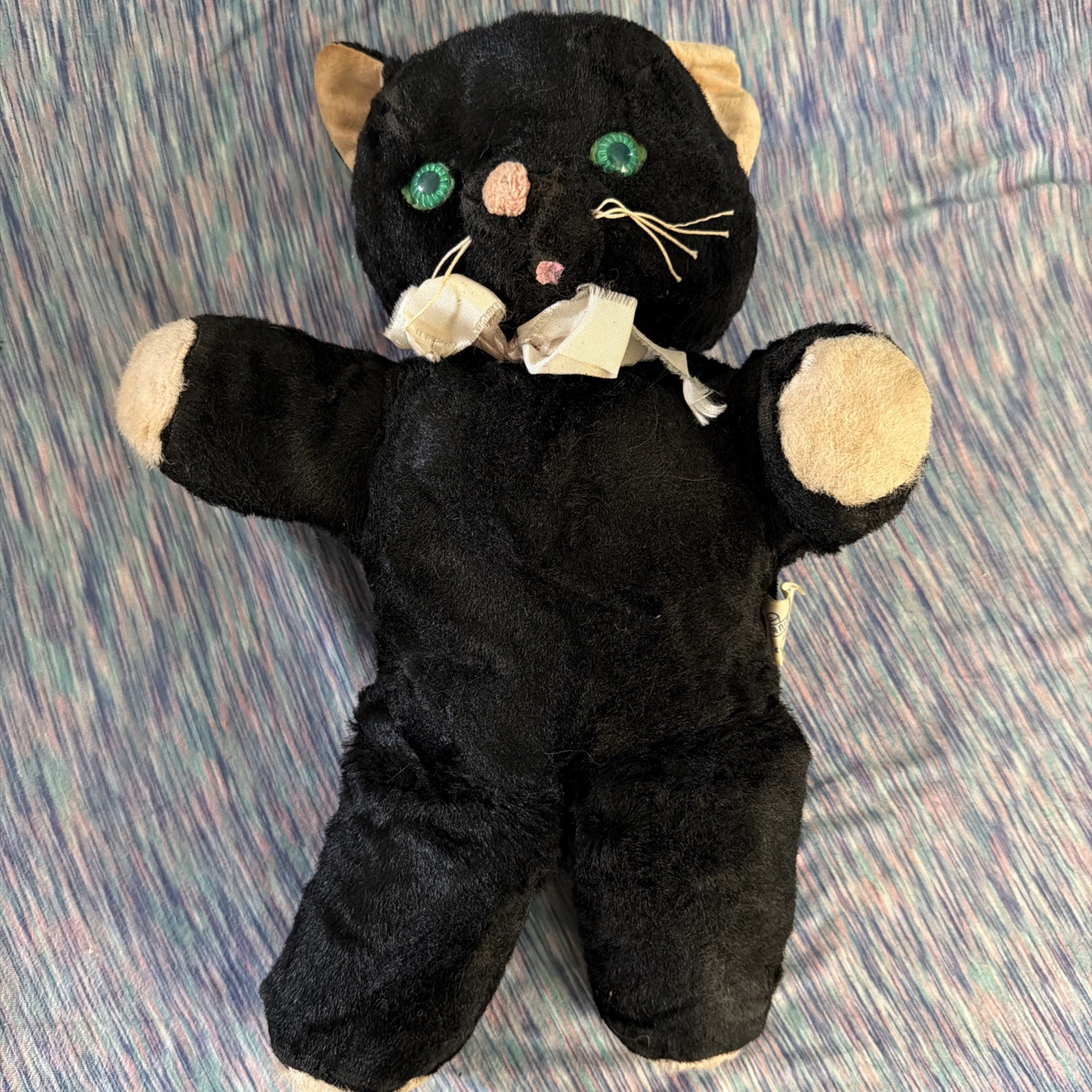 Knickerbocker Kuddles Black Cat Plush Stuffed Animal Green Eyes Vintage USA