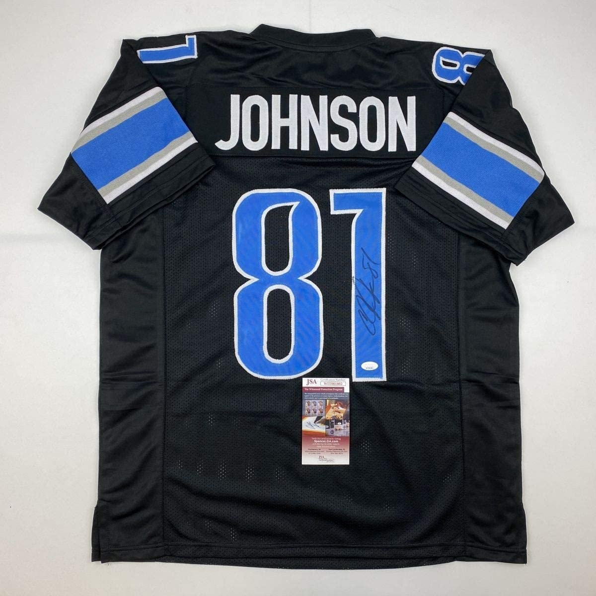 Autographed/Signed Calvin Johnson Detroit Black Football Jersey JSA COA Autographed/Signed Calvin Johnson Detroit Black Football Jersey JSA COA