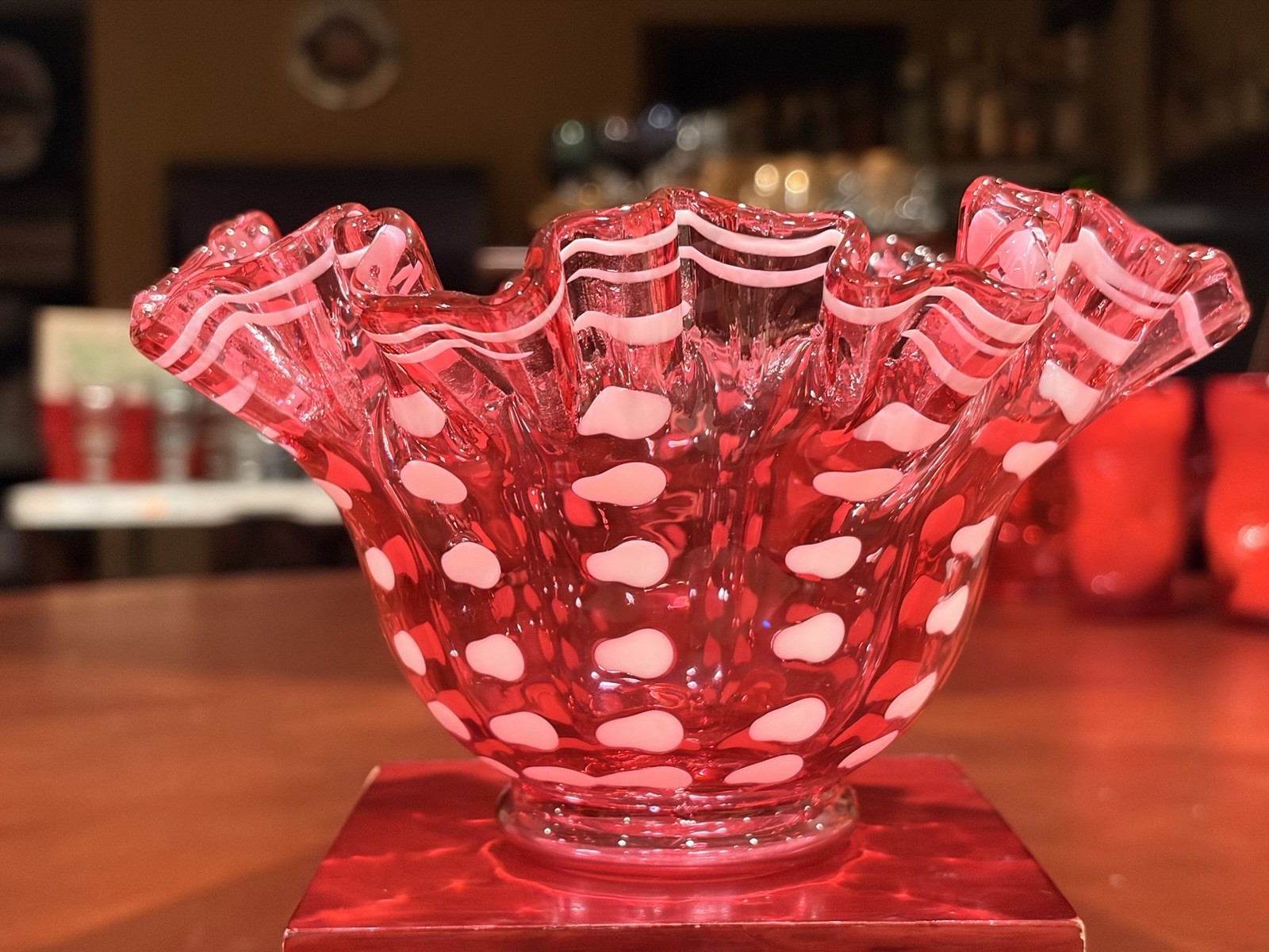 Vintage 1950s Fenton Cranberry Opalescent Polka Dot Ruffled Glass Bowl Dish