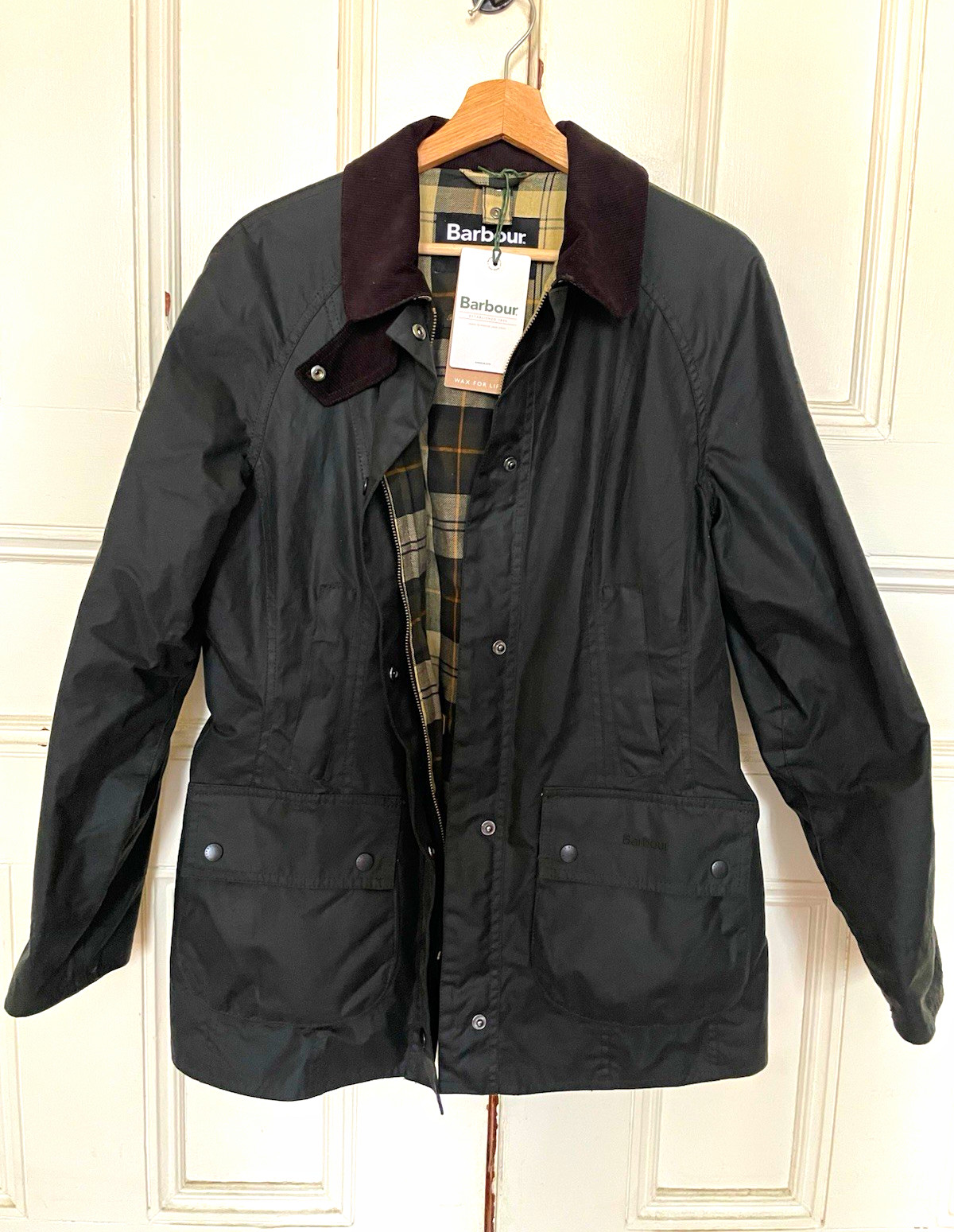 Barbour Men’s Green Wax Jacket Plaid Size 40 Zip Snap Mid-Length Point Collar