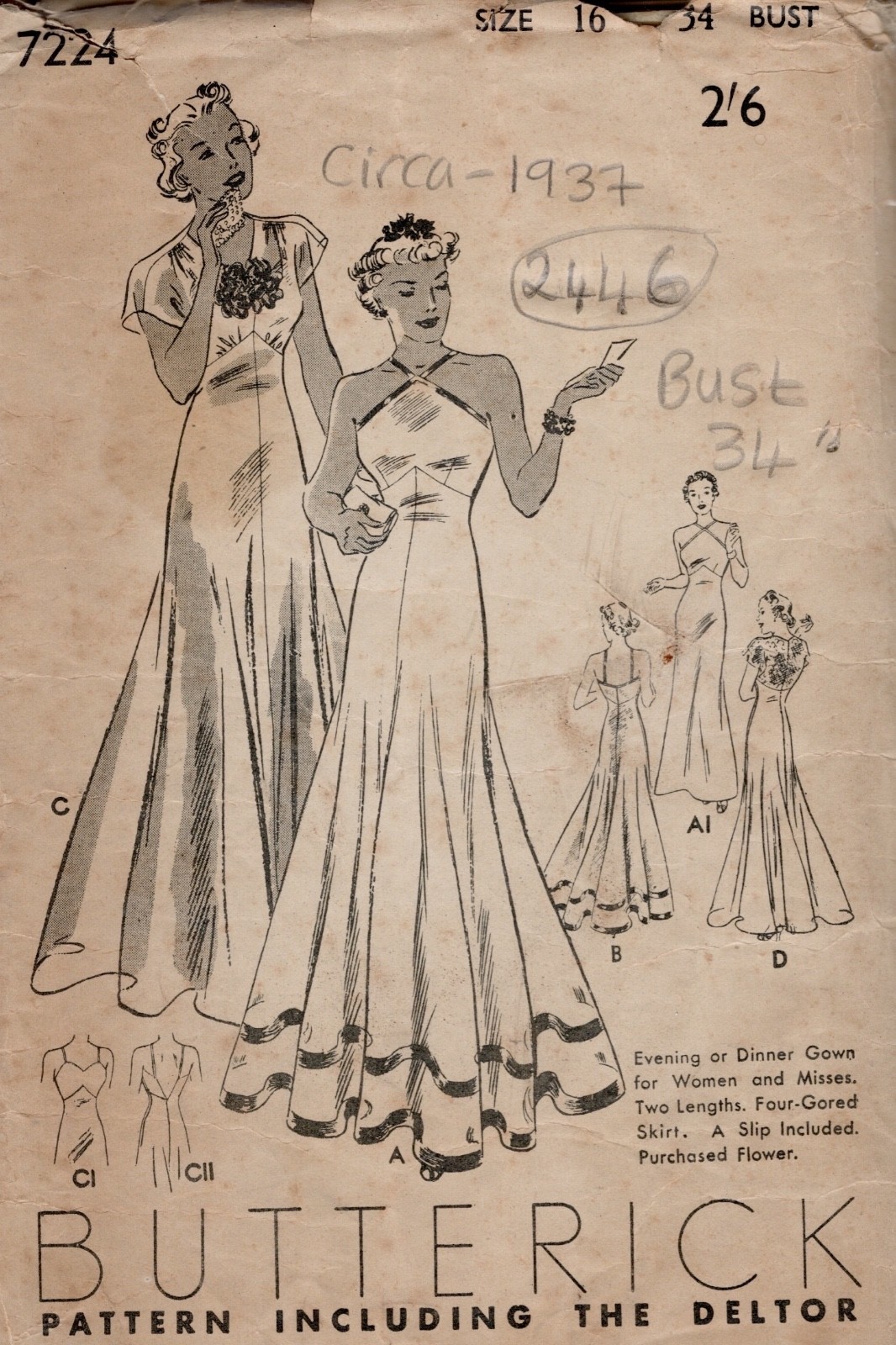 1937 Vintage Sewing Pattern B34in EVENING DRESS & SLIP (2446) Butterick 7224