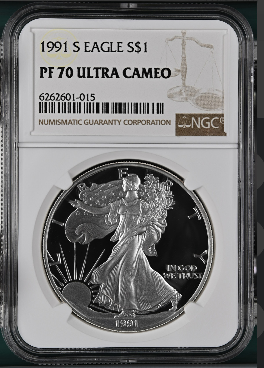 1991-S American Silver Eagle 1 Oz PF70 UCAM NGC Brown Label 1991-S American Silver Eagle 1 Oz PF70 UCAM NGC Brown Label