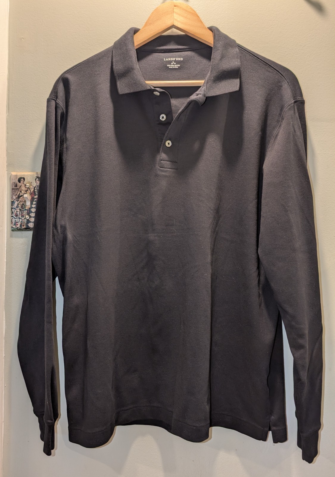 Lands\' End Men\'s 100% Pima Cotton Long Sleeve 3-Button Polo Shirt-Black Large Lands\' End Men\'s 100% Pima Cotton Long Sleeve 3-Button Polo Shirt-Black Large