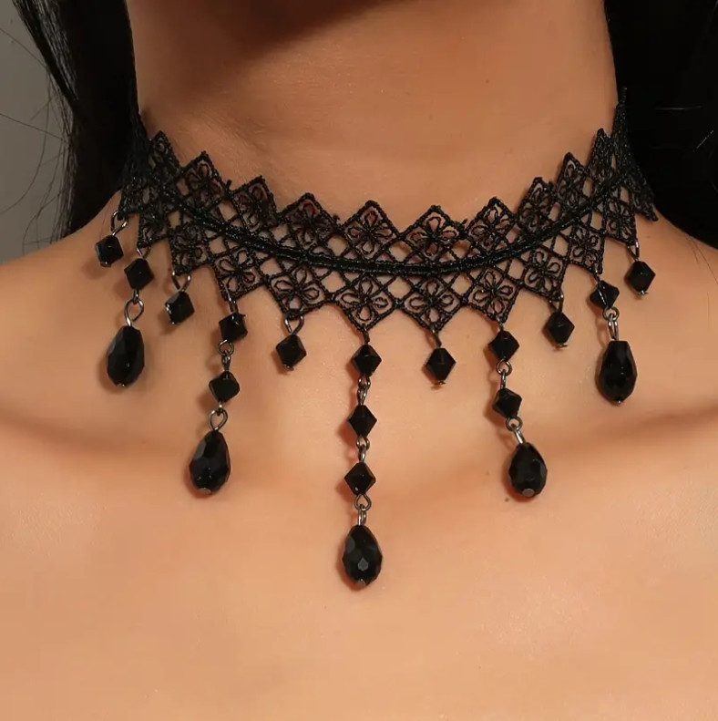 Black Lace Choker Water Drop Pendant Necklace Adjustable Gothic Elegant Sexy 2
