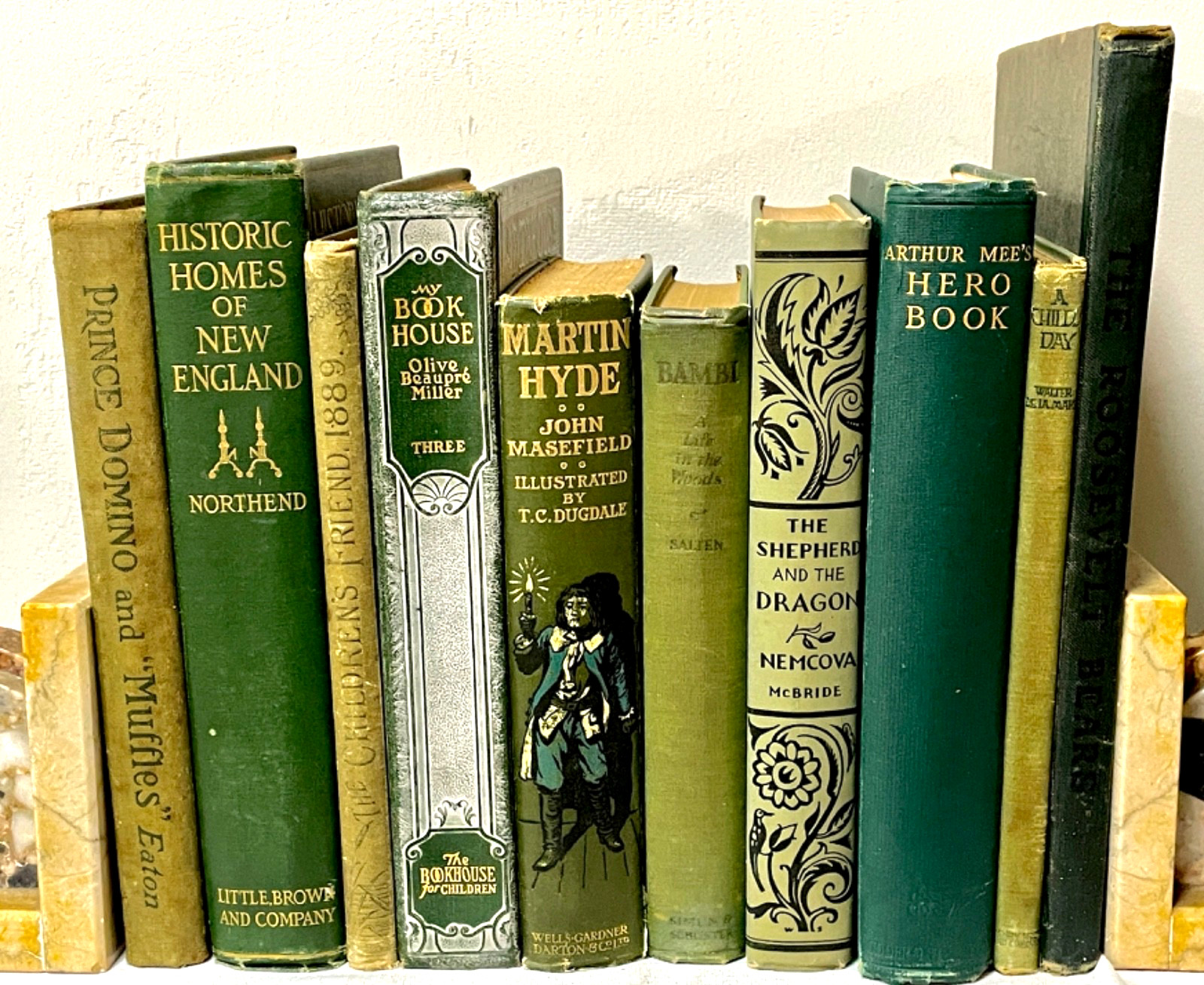 Antique Green Book Lot 10 Illustrated First Editions Fairy Tales Bambi Decor