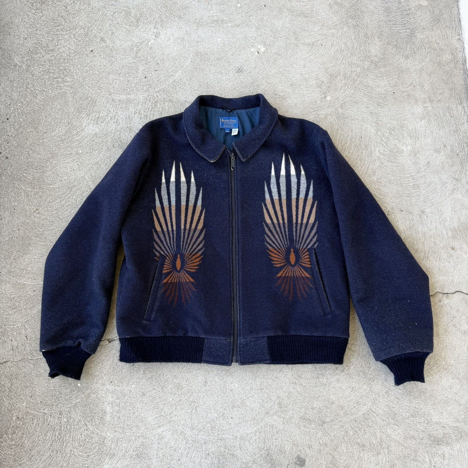 Pendleton Beaver State Wool Bomber Jacket Navy Sunburst Aztec XL VTG 1980 USA 