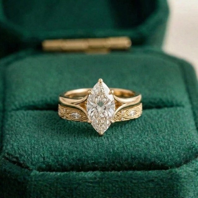 IGI 4.50 Ct Marquise VS1 /E Lab Grown Diamond Wedding Ring Set 14k Yellow Gold