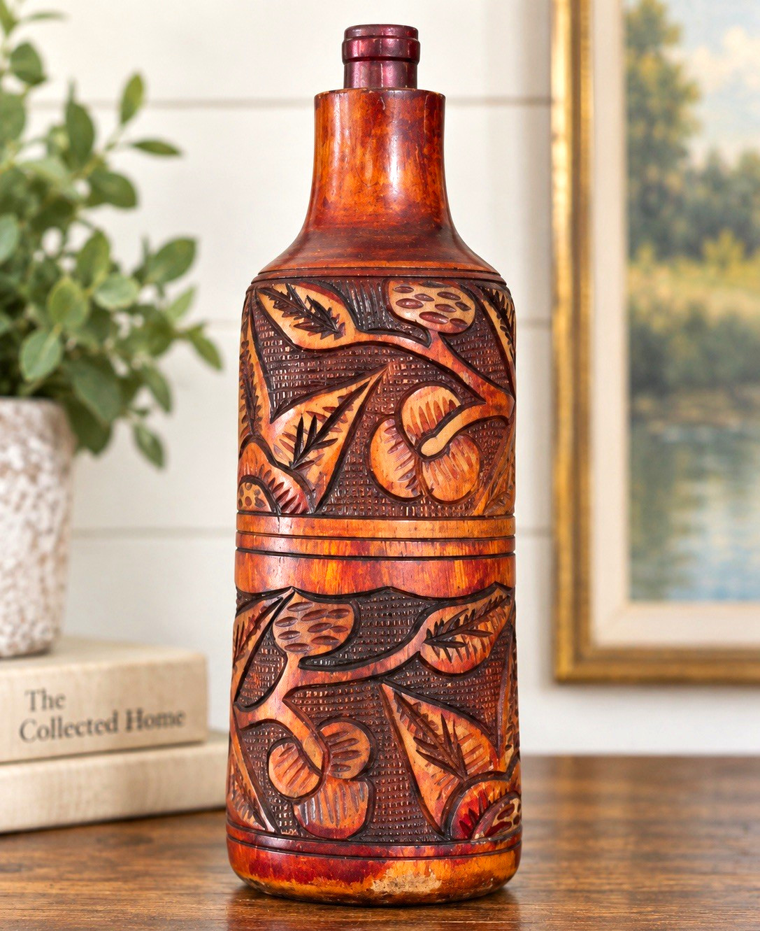 Vtg Hand Carved Wood Tiki Style Wine Bottle Holder Vase Tropical 12.5” Decor