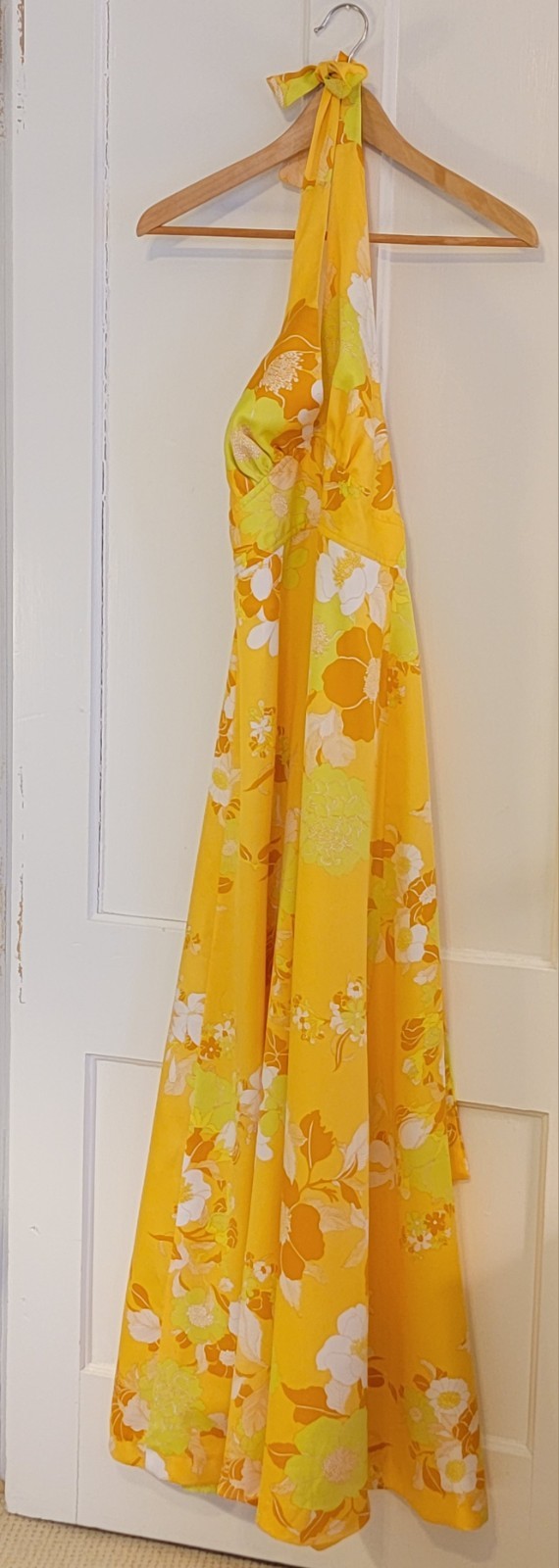 70s Vintage Sunny Yellow Halter Dress With Open Back Ties & Zipper 🌼