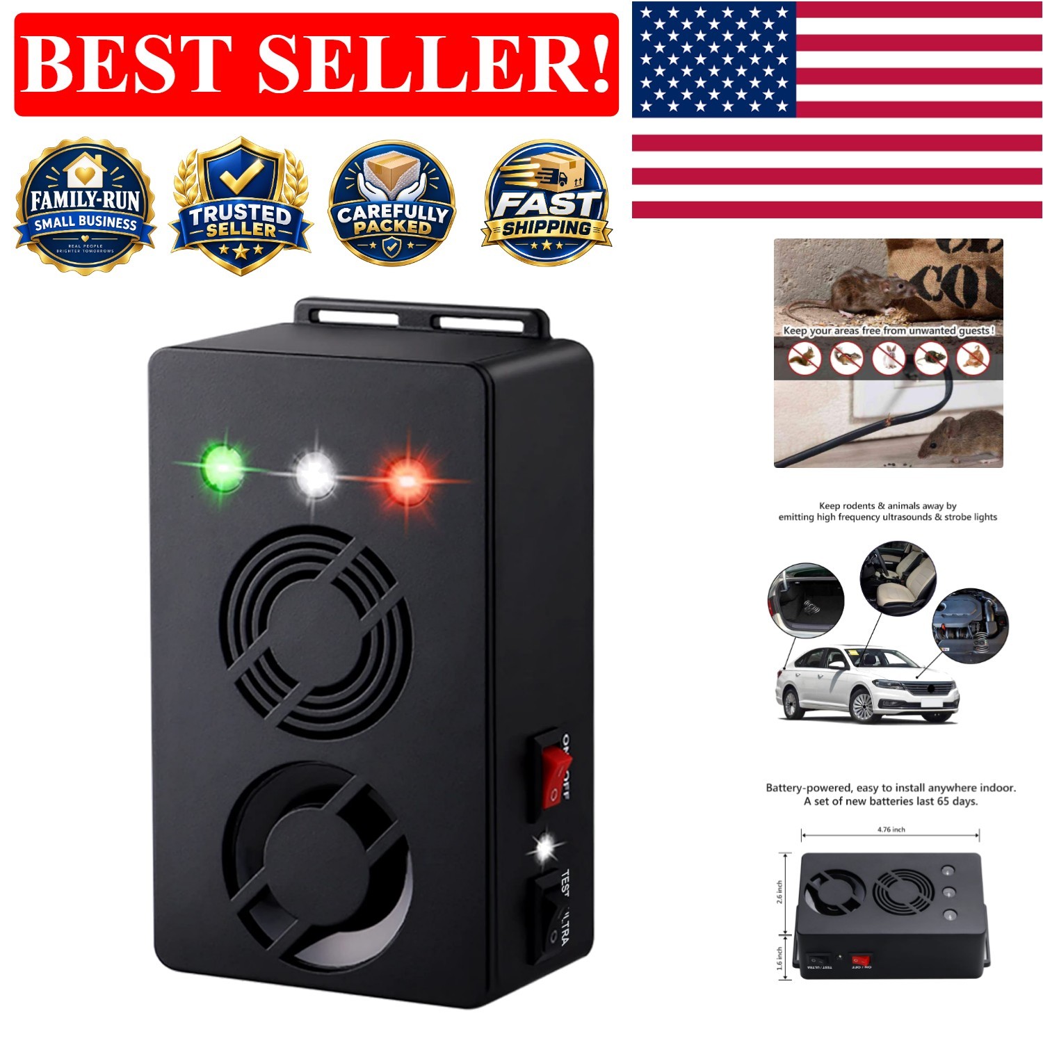 Humane Battery Operated Rodent Repeller - Protect Your Home Up to 300 sq. ft.