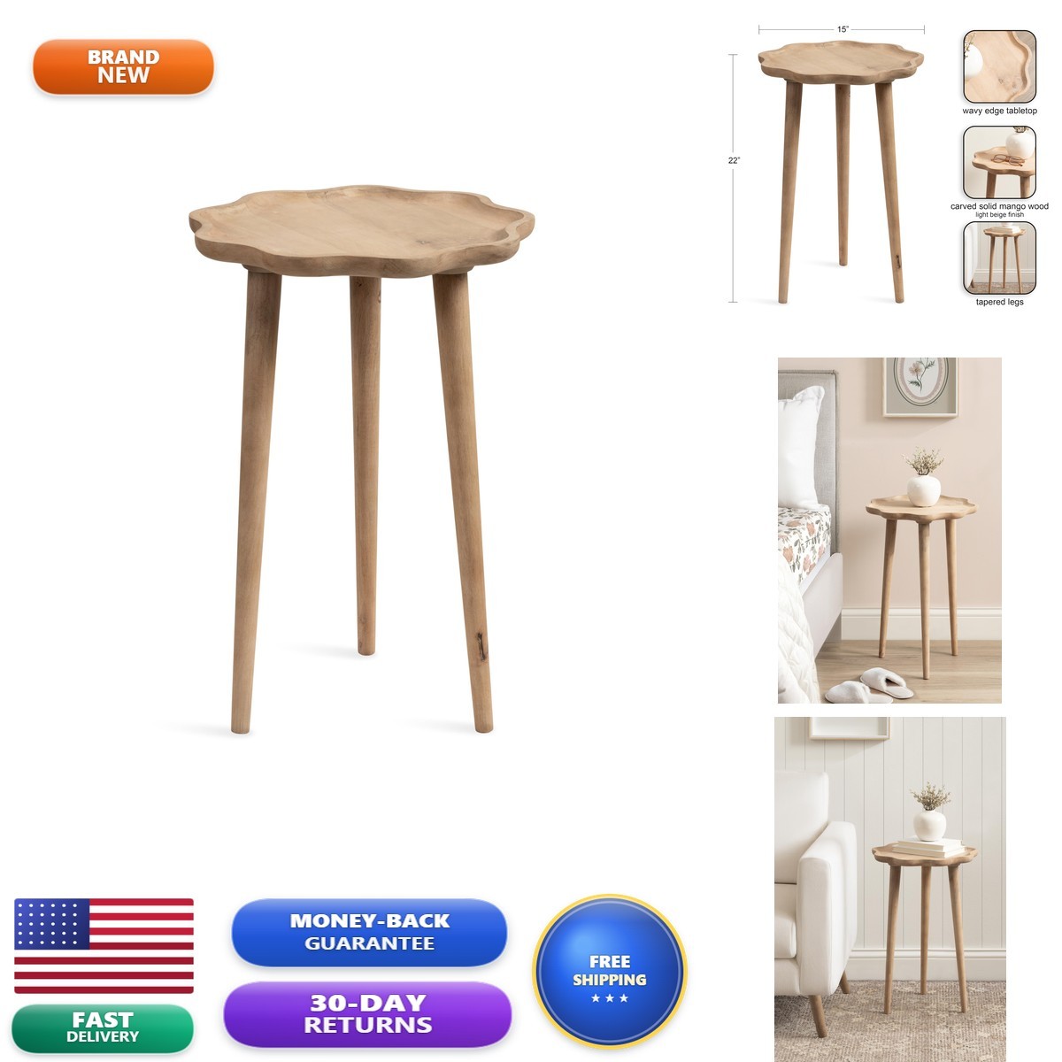 Kate and Laurel Alezar Round Side Table 15x15x22 Light Natural Wavy Edge
