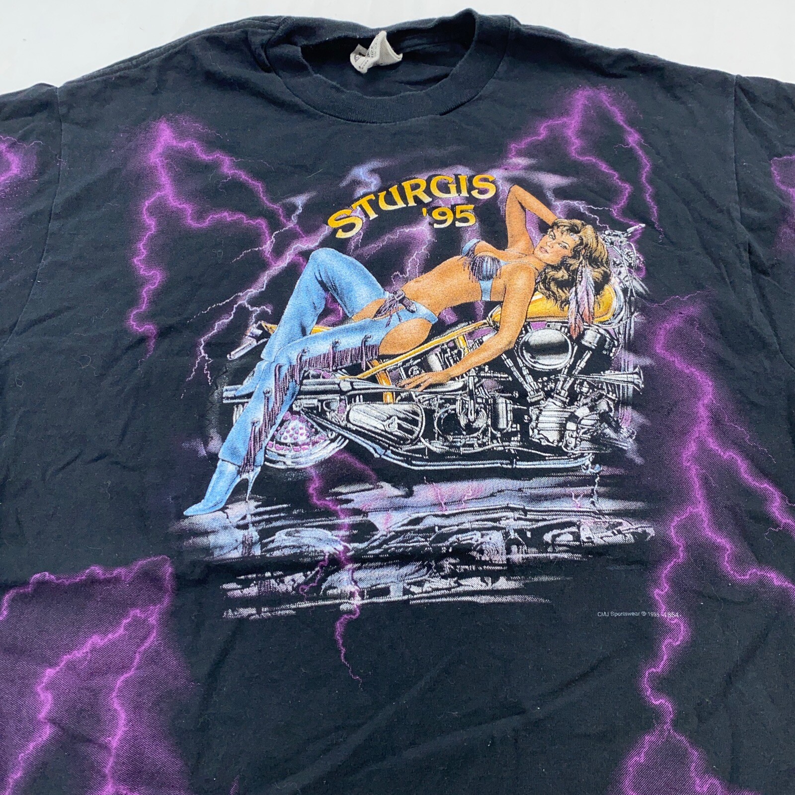 vintage 1995 STURGIS BIKER RALLY BIKER BABE THUNDER ALL-OVER PRINT T-Shirt LARGE