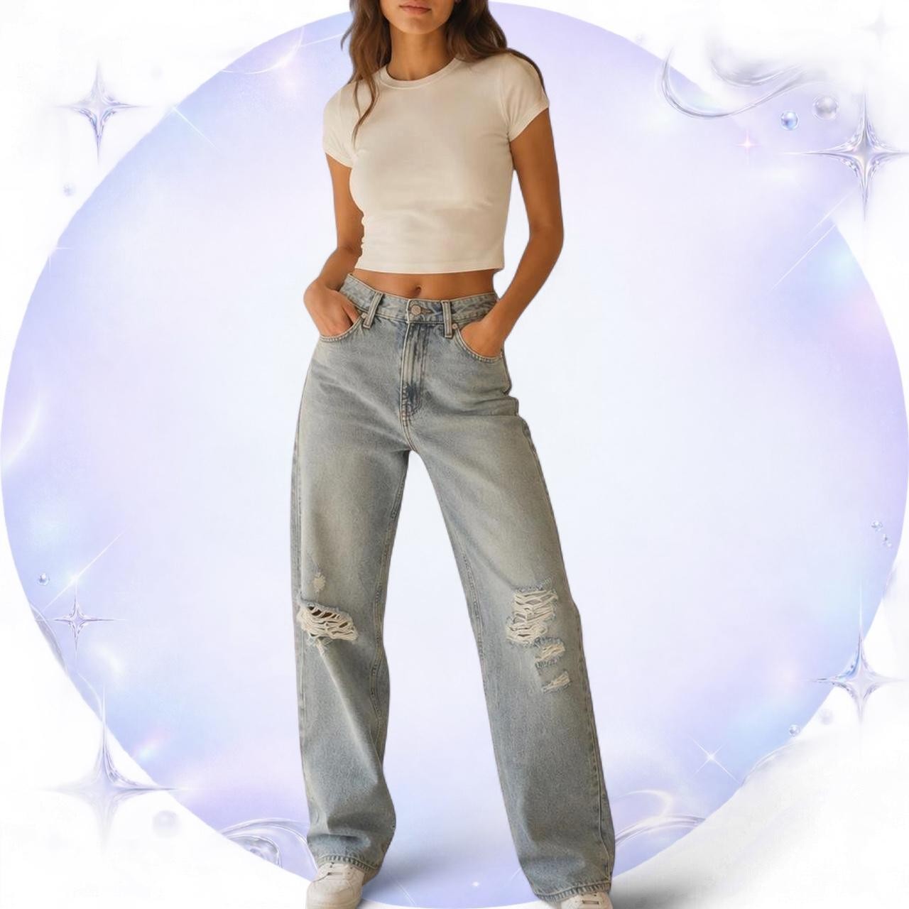 H&M Wide Leg Jeans High Waisted Baggy Light Wash Distressed Blue Denim US 0