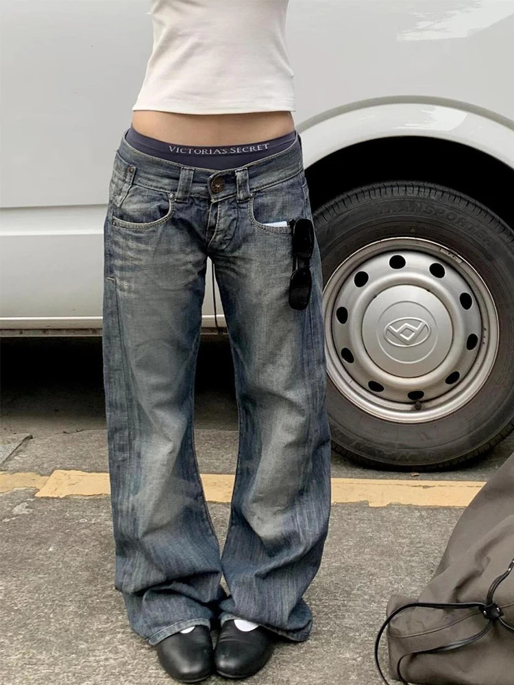 American Retro Washed Low Waist Jeans Women\'s Loose Straight Jeans Pants Street American Retro Washed Low Waist Jeans Women\'s Loose Straight Jeans Pants Street