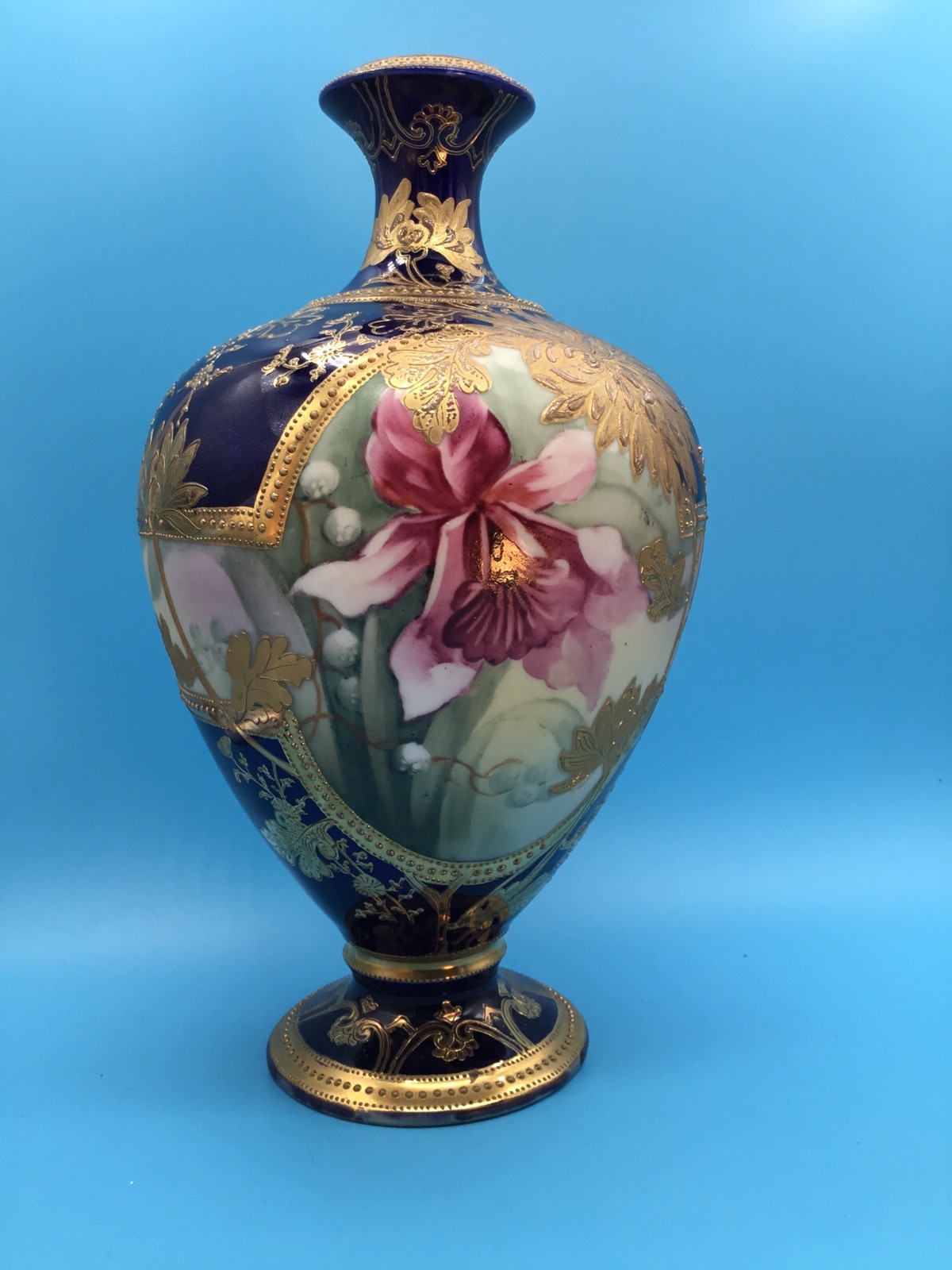 Antique Nippon Moriage Vase 9.75” Orchid Cobalt Gold Morimura Noritake Pristine