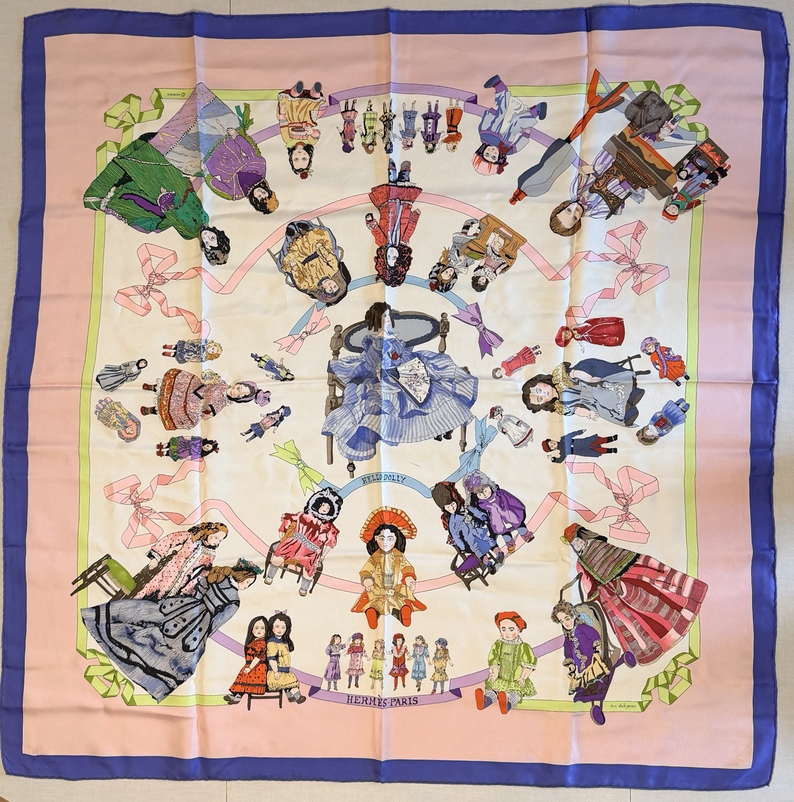 Hermes Hello Dolly Silk Scarf Carre 90 Loic Dubigeon Vintage Pink 1990 Rare