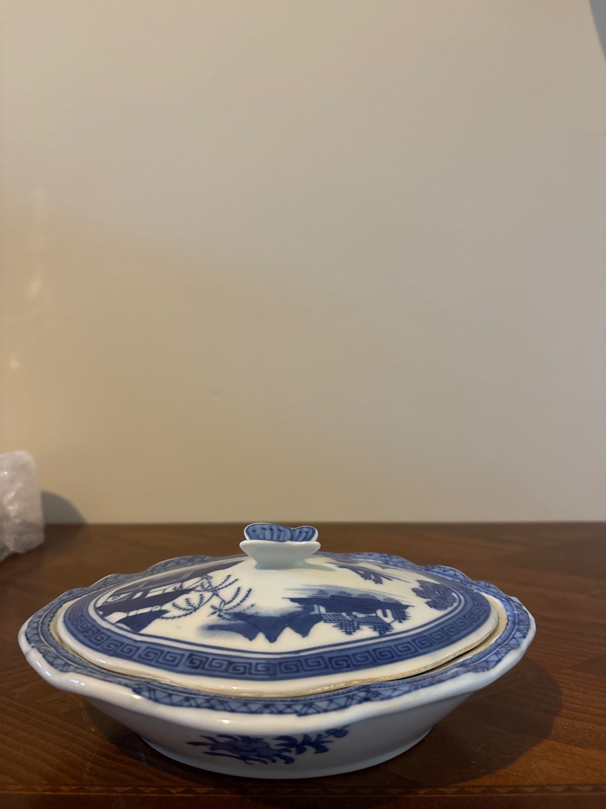 The Mottahedeh Blue Canton Covered Tureen features hand-painted blue-and-white C