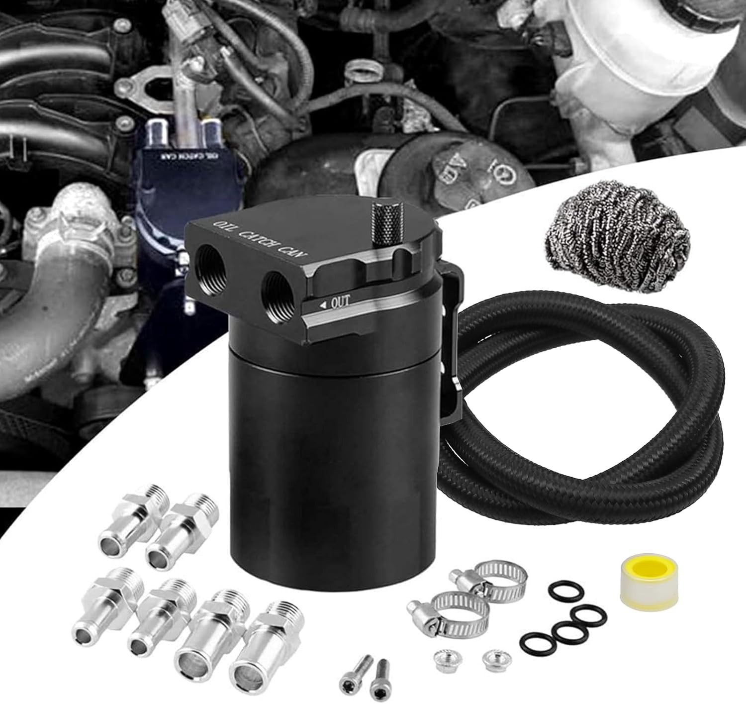 RULLINE Universal 350ml Oil Catch Can Tank 0046 Aluminum Basic version, Black RULLINE Universal 350ml Oil Catch Can Tank 0046 Aluminum Basic version, Black