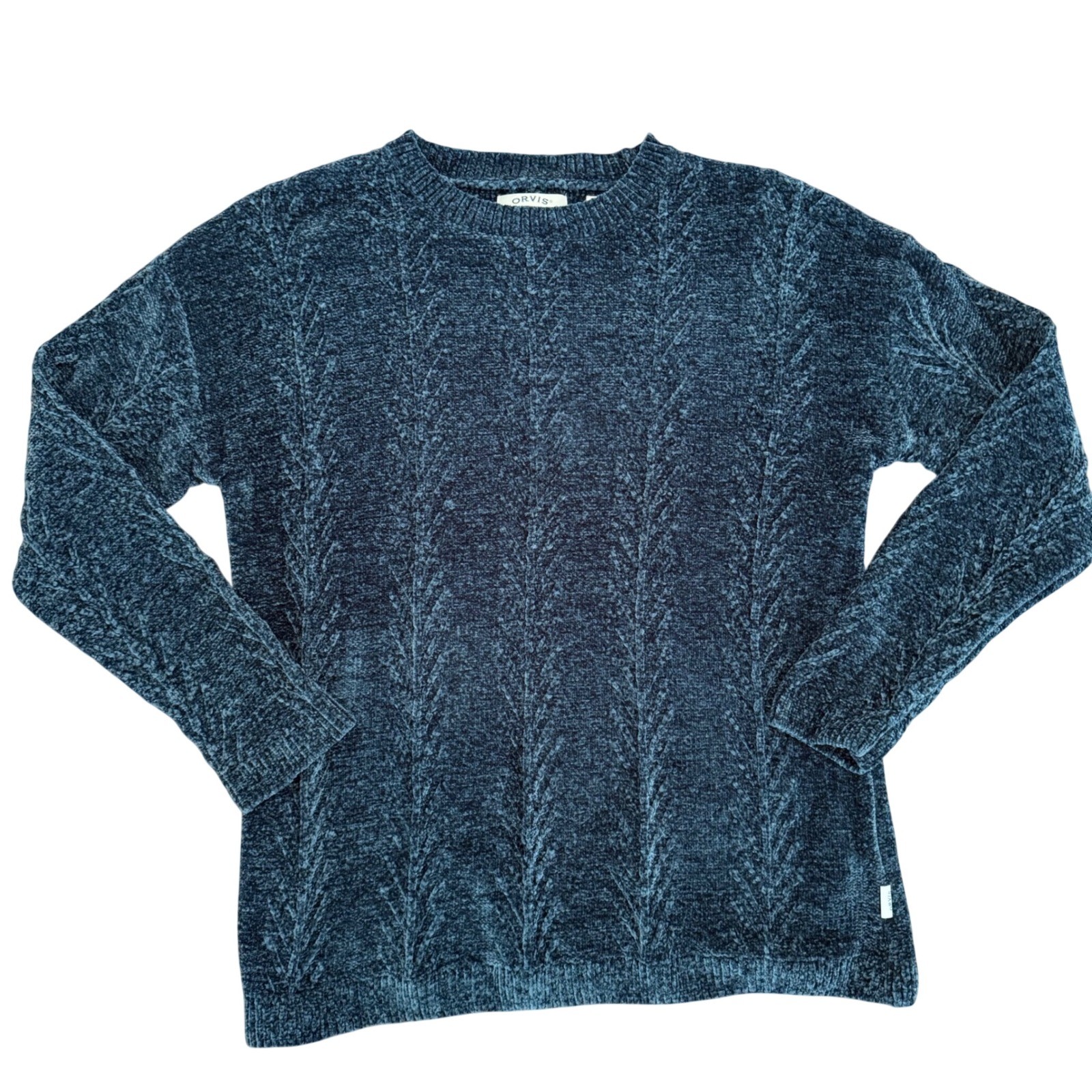 Orvis Womens Teal Blue Chenille Cable Knit Crew Neck Sweater Sz L Fall Winter