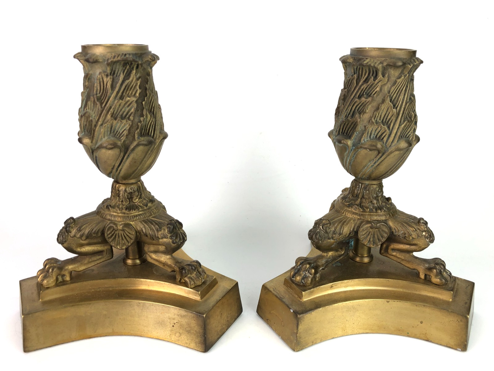 Pair French Neoclassical Brass Tri Claw Footed Candlesticks Lamp Bases