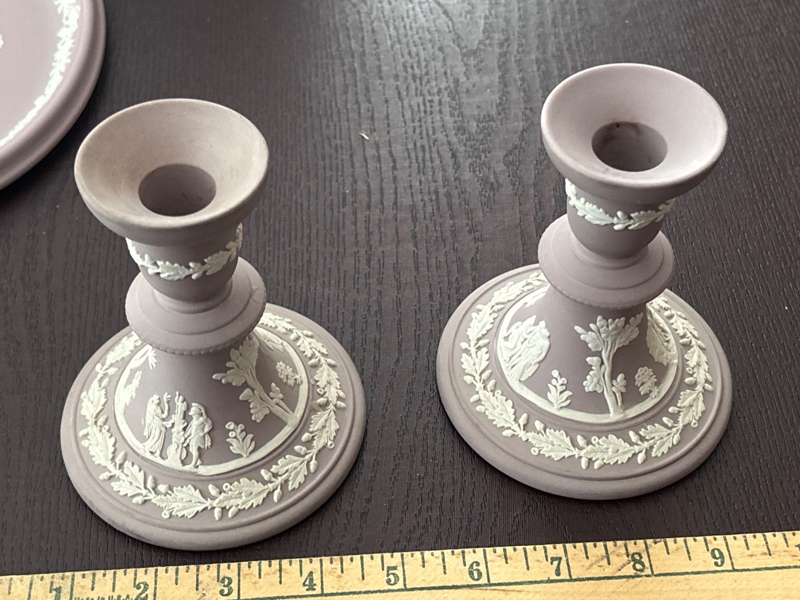 Wedgwood lilac lavender candlesticks pair 5”