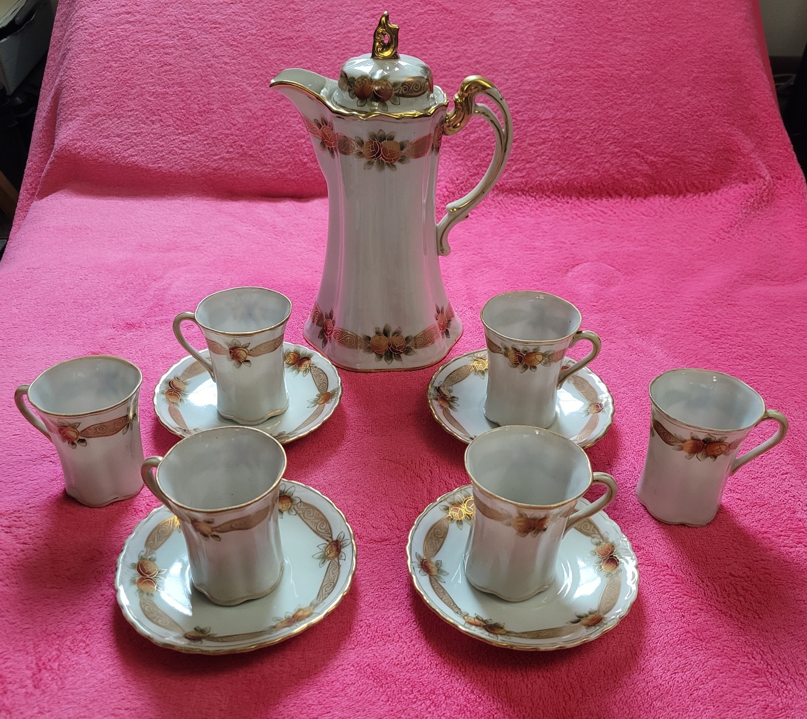 RARE Antique Porcelain Nippon Morimura Chocolate set pre 1921 W/G Floral Print RARE Antique Porcelain Nippon Morimura Chocolate set pre 1921 W/G Floral Print