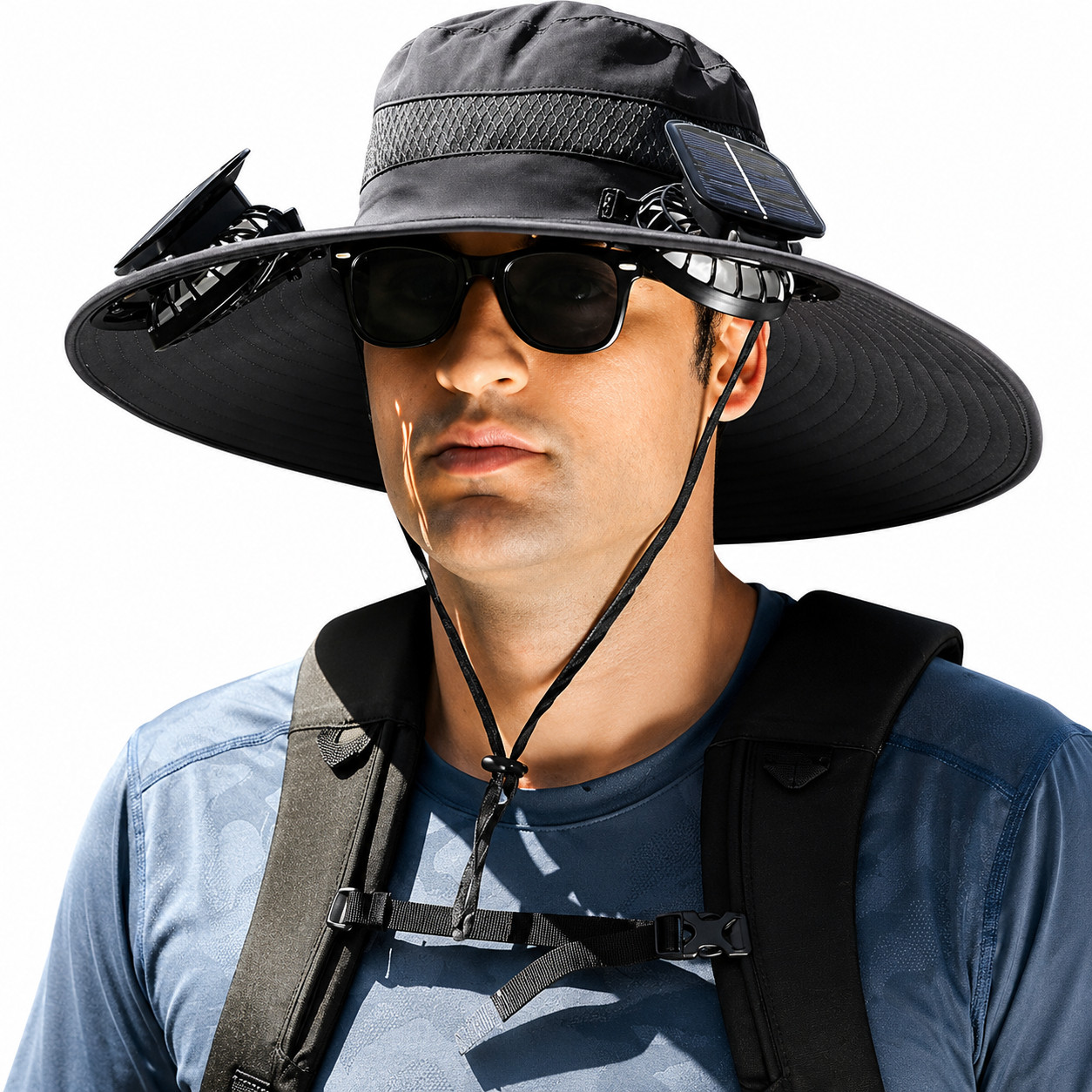 Solar Fan Hat Wide Brim Cooling Hat 2 Fans USB Rechargeable Fishing Hiking Black