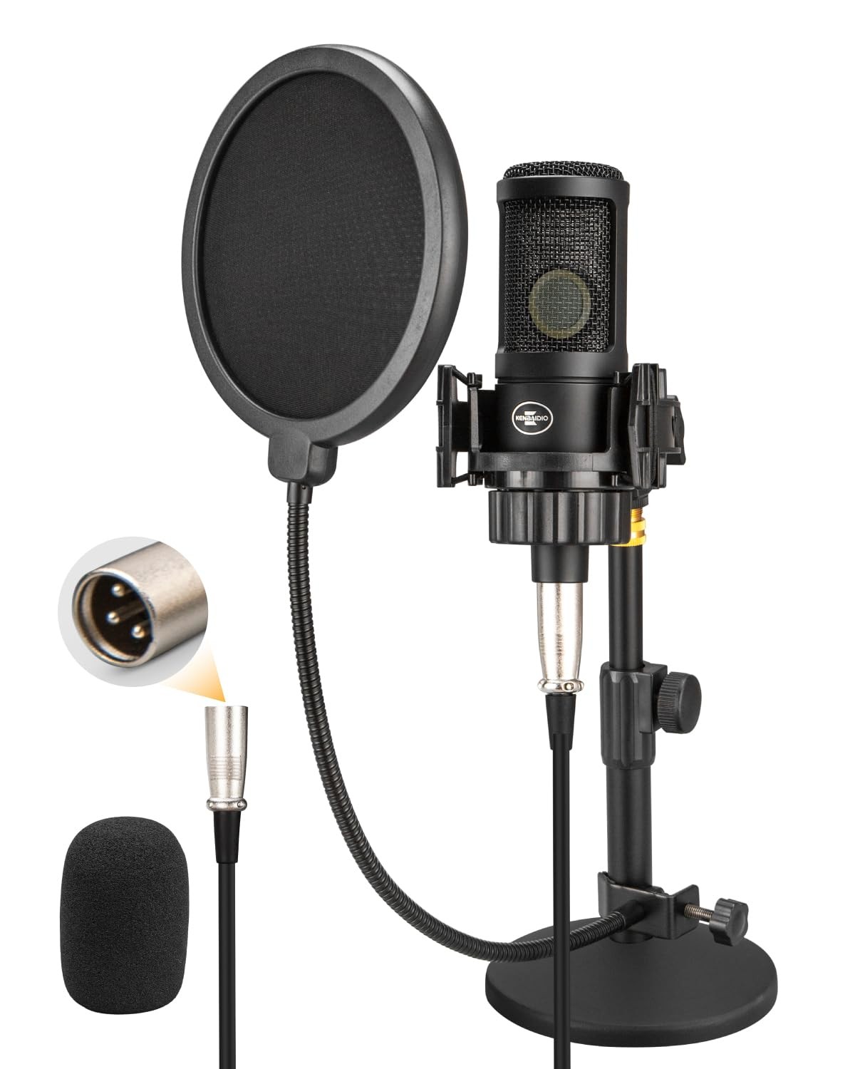 XLR Condenser Microphone with 26mm Large Diaphragm, Black Desktop Stand Kit