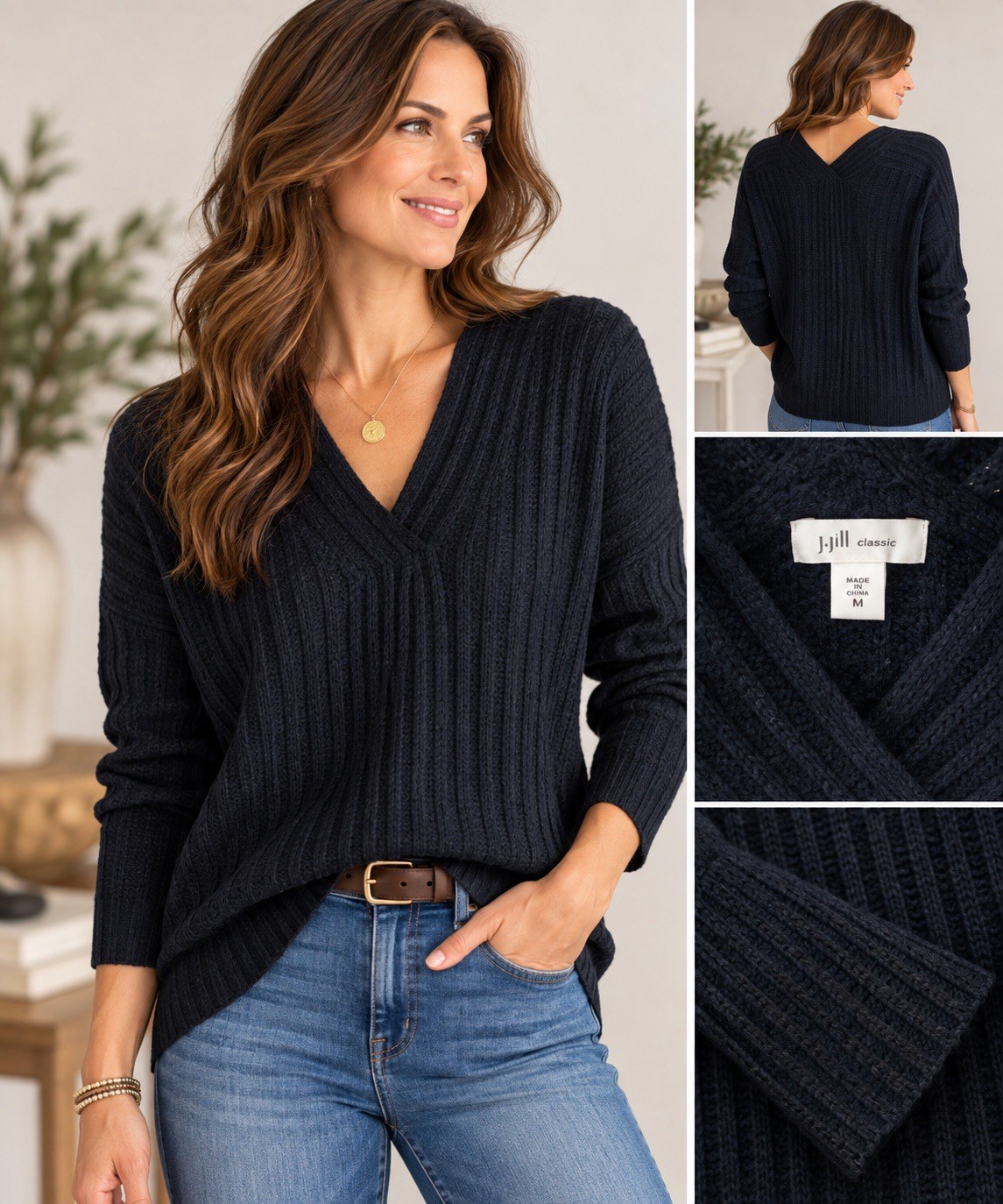 J. Jill Women\'s Navy Blue Pullover Chenille Ribbed V Neck Sweater Size M Petite