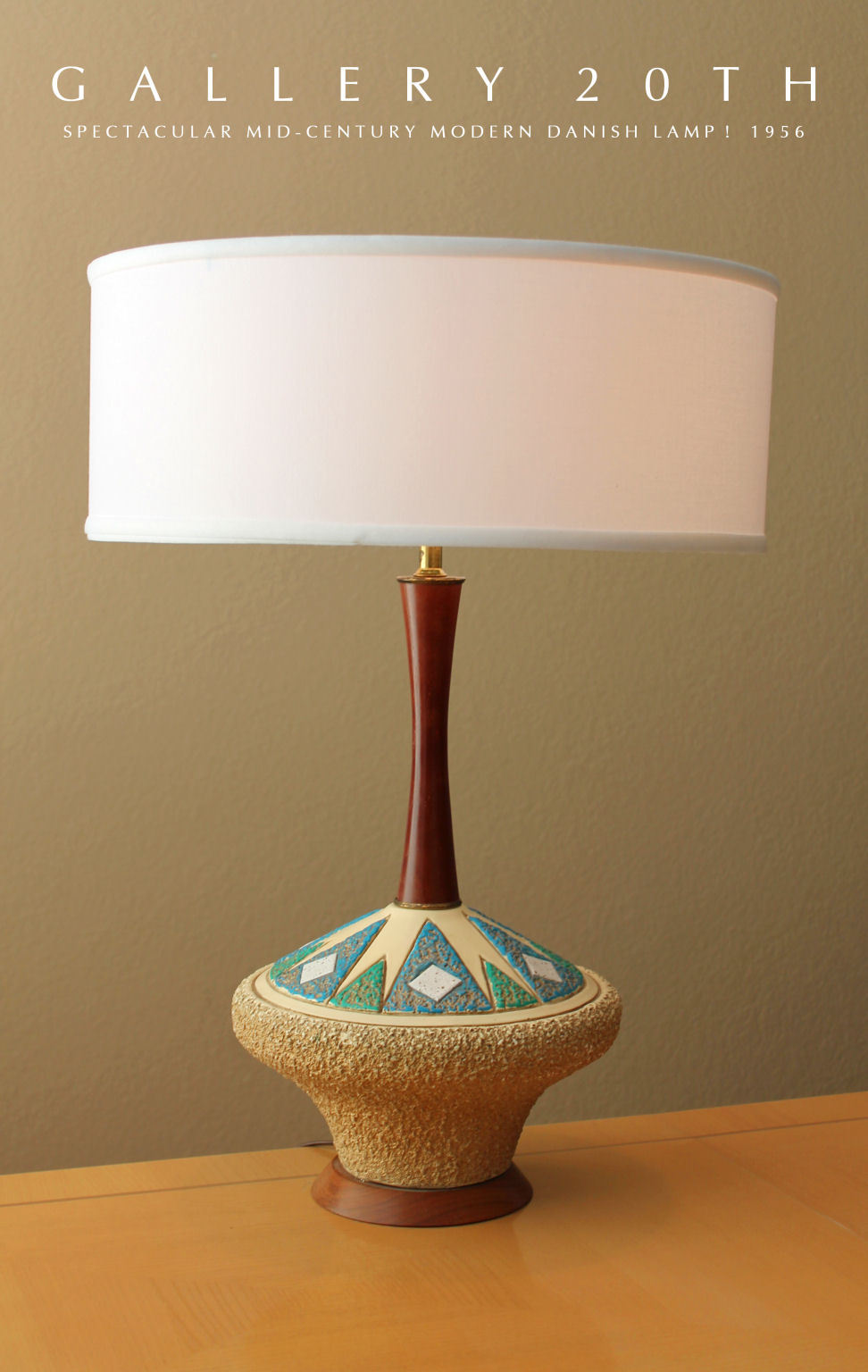 MID CENTURY DANISH MODERN ATOMIC TEAK TABLE LAMP VTG 50\'S SAUCER UFO PLASTER