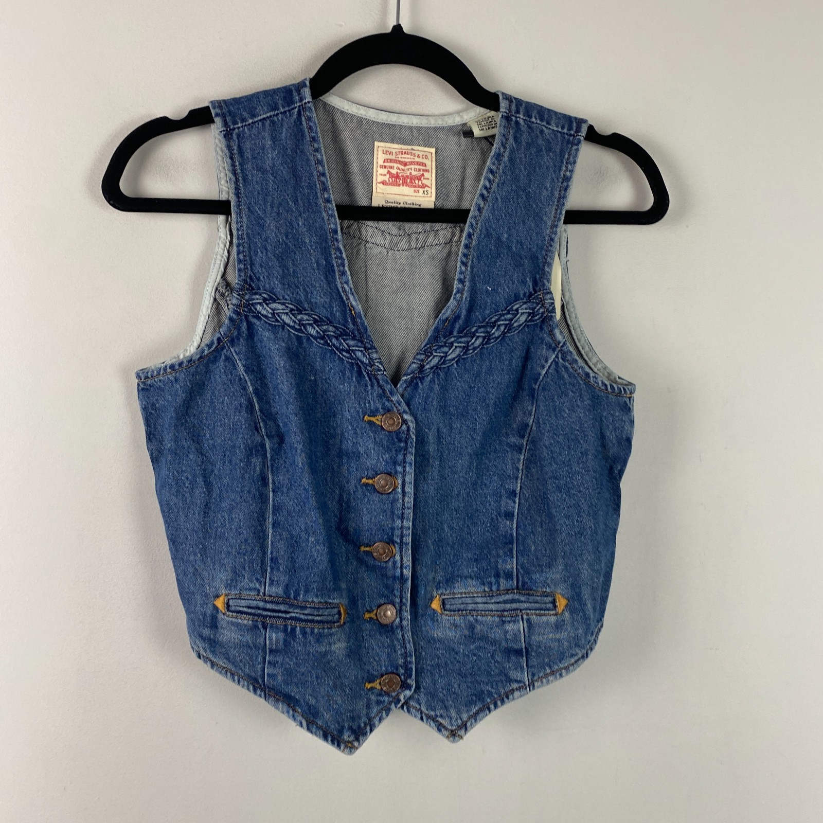 Levi\'s Braided Denim Vest Womens Size XS Premium Blue Western Retro Cowgirl